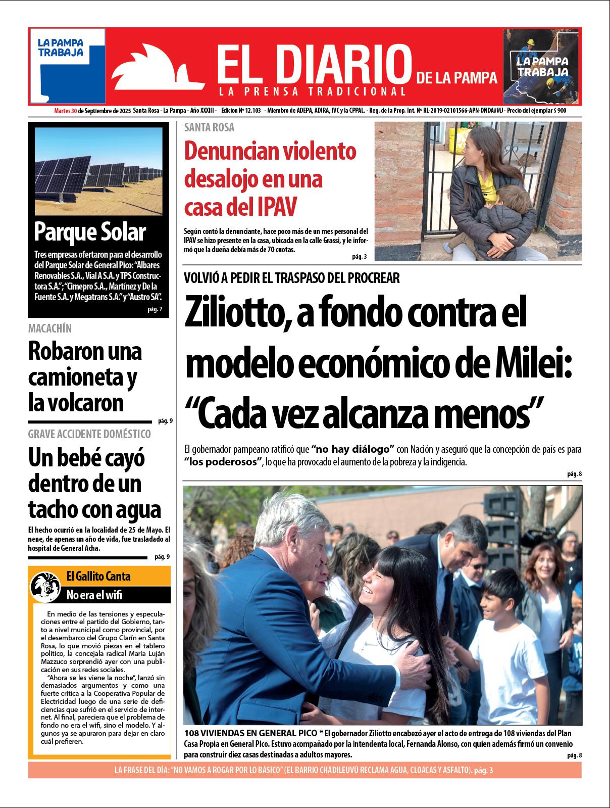 Tapa de El Diario en papel  martes 30 de septiembre de 2025
